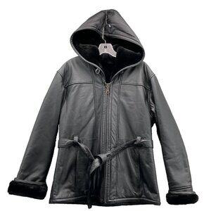Black Leather Faux Fur Lined Jacket Womens Large Black Belted Hooded Winter Chic
